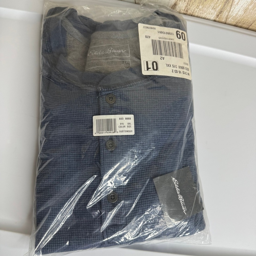 Eddie‎ Bauer Mens Dusty Indigo Waffle Knit Henley Shirt XXL 2XL NEW